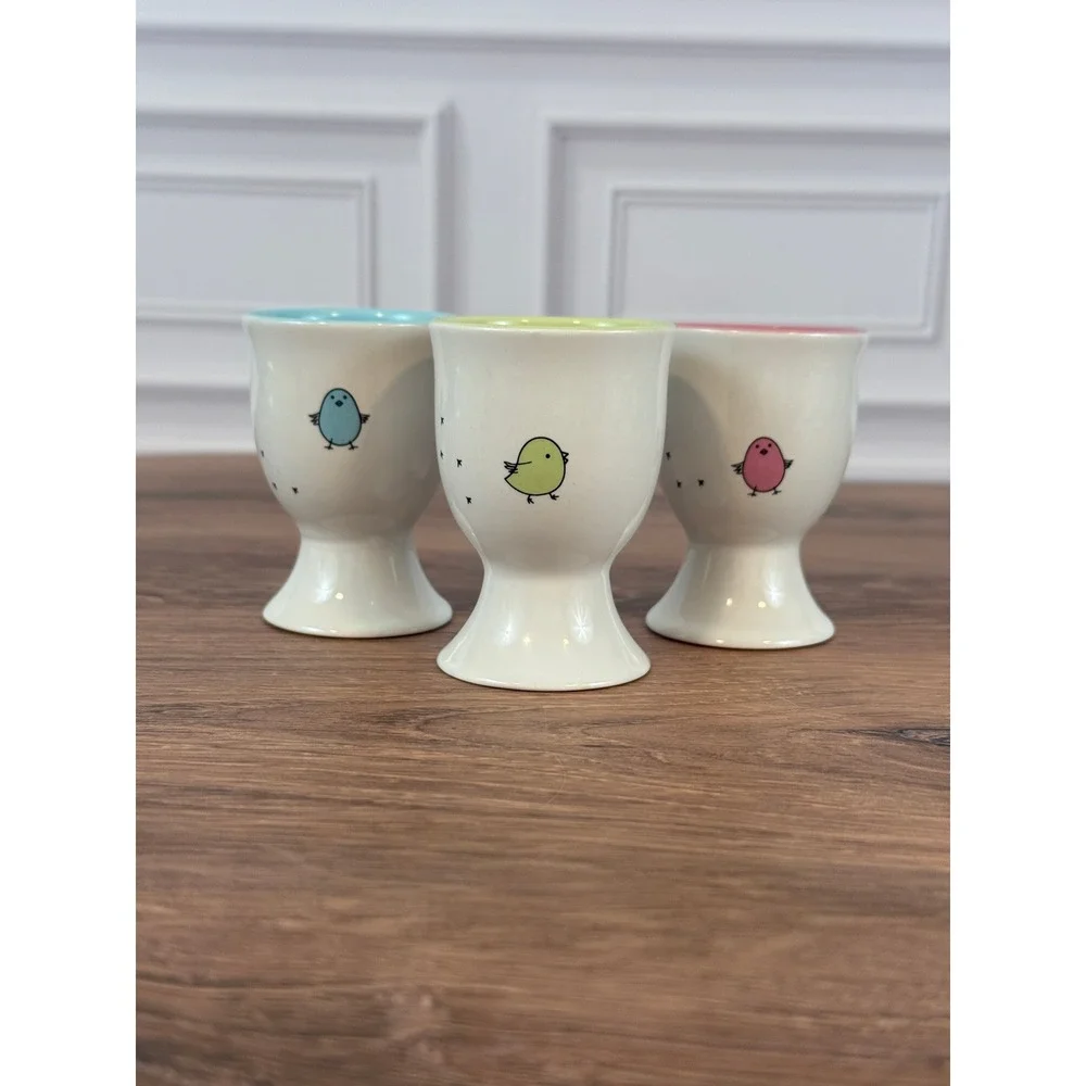 VTG Set of THREE (3) Blue Green Pink Baby Chick Chicken Motif Porcelain Egg Cups